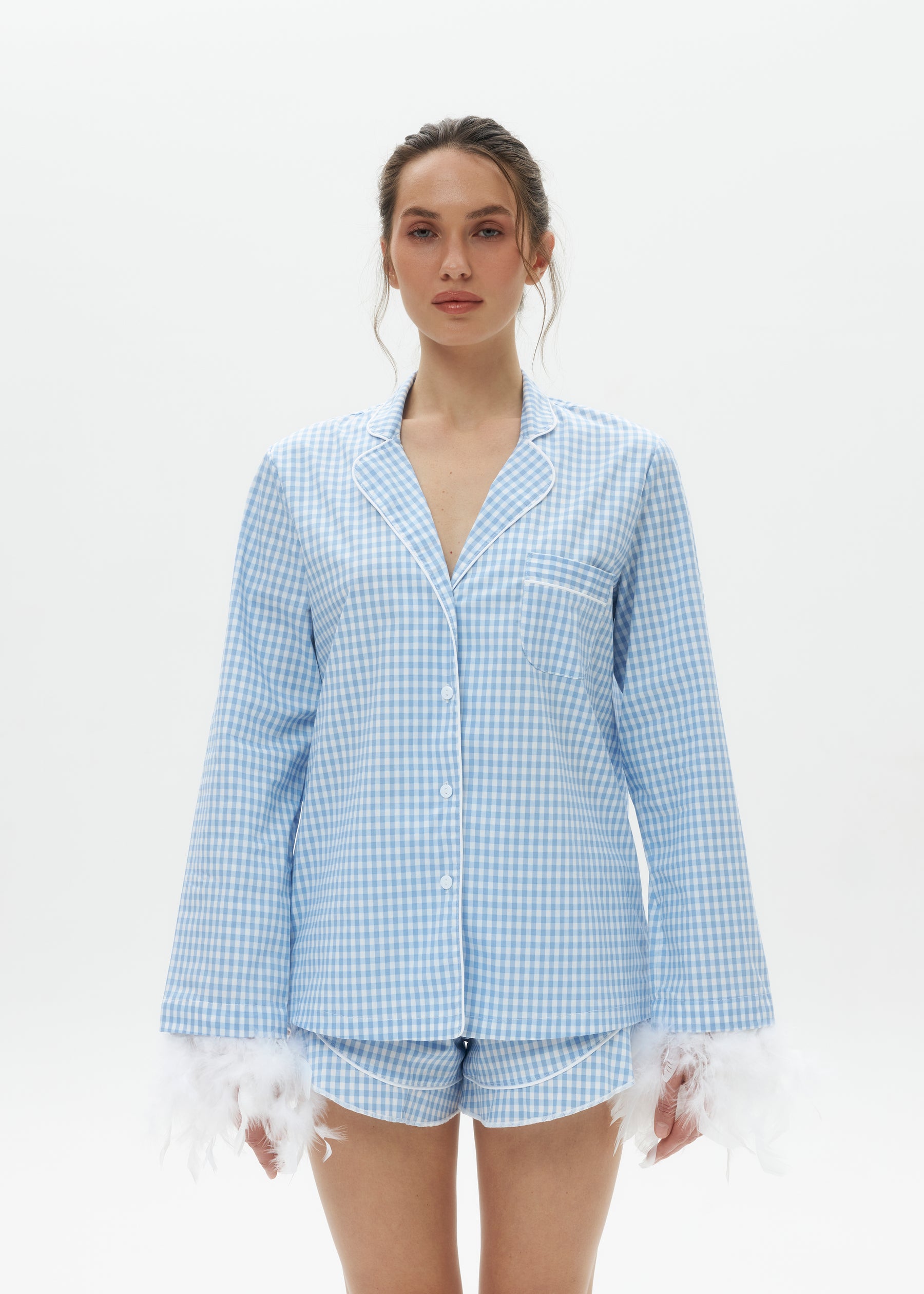 Blue Cotton Pajama Set with Feather Cuffs - Shirt & Pants